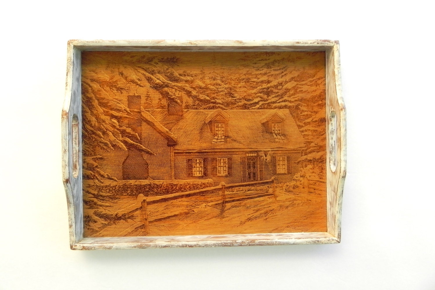 Vintage Wood Serving Tray, Rustic Cabin Winter Scene Tray, House of