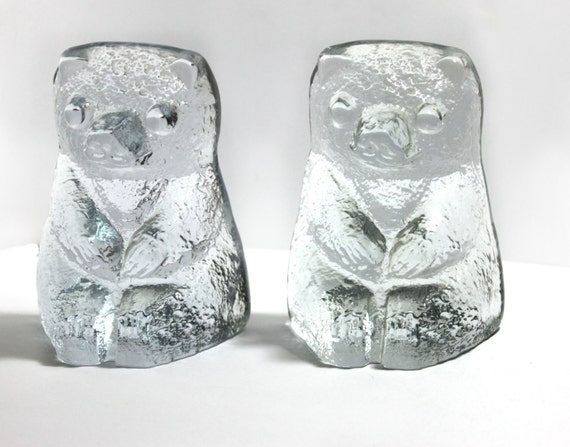 Blenko clear glass bear Bookends- pair of bears in the ice floe pattern