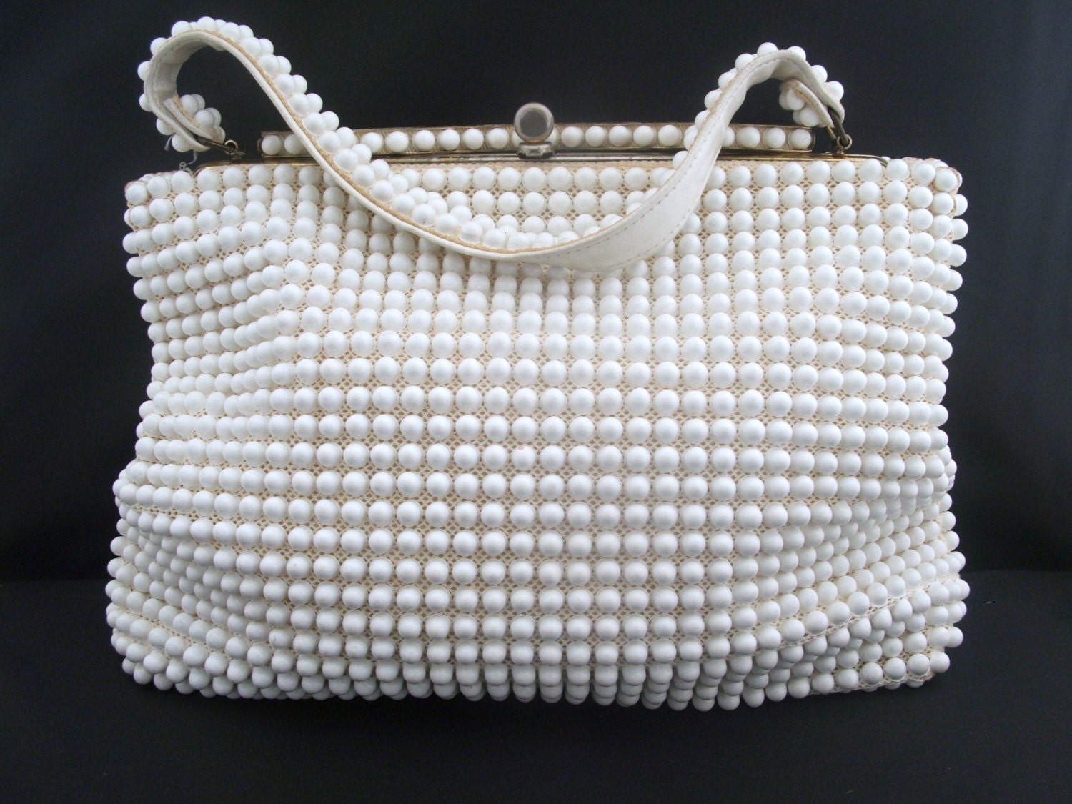 Vintage White Beaded Single Strap Handbag/Purse/Bag with Gold