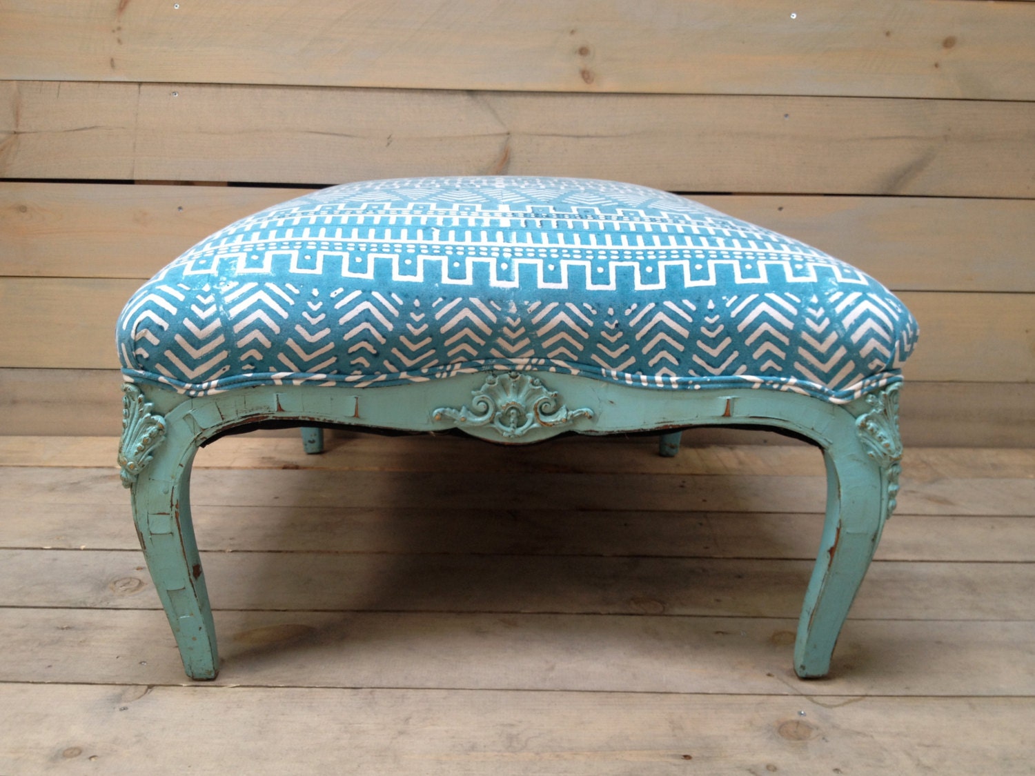 Vintage Ottoman Footstool Upholstered in Turquoise by chezboheme
