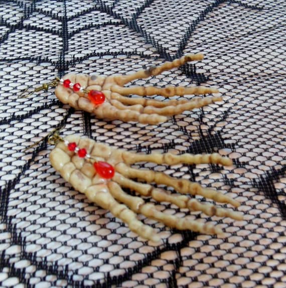 Plastic Skeleton Hand Earrings With Beaded Red Blood Droplets
