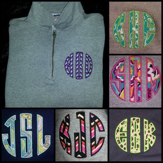 Items similar to MONOGRAMMED APPLIQUE quarter zip SWEATSHIRT on Etsy