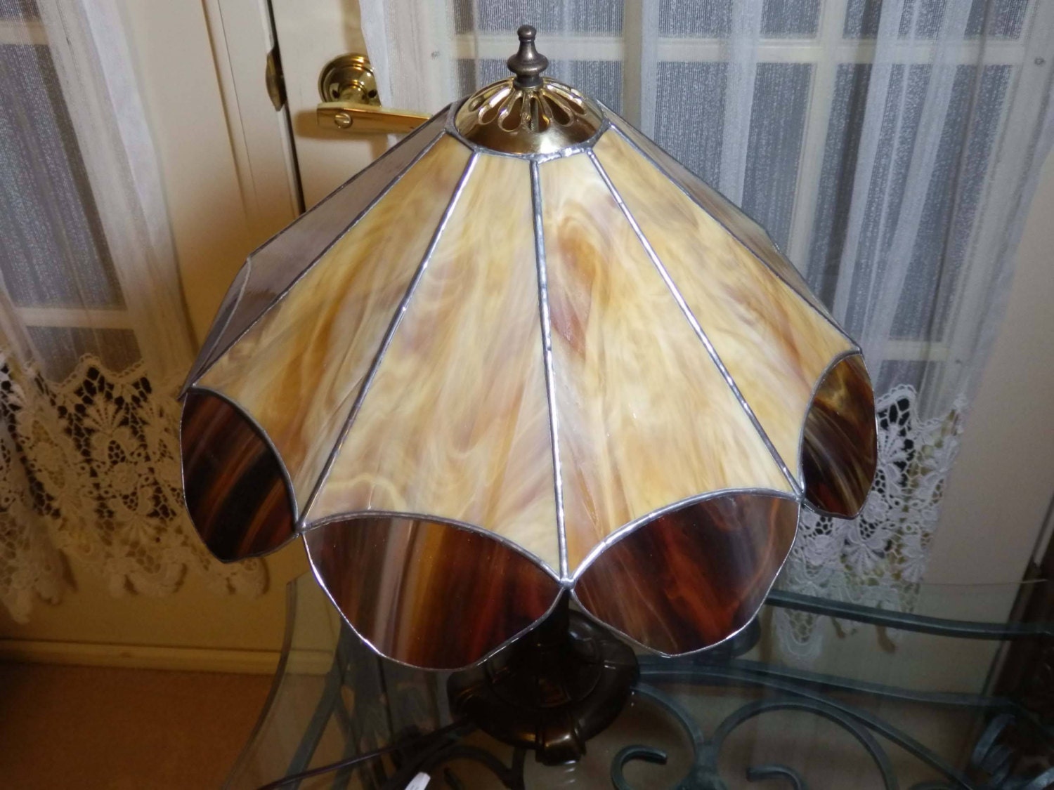 Stained Glass Lamp Shade or Hanging Amber 9 Panels