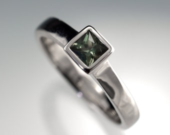 Green Sapphire Engagement Ring, Princess Cut Bezel Solitaire in Palladium, White Gold, Rose Gold or Yellow Gold