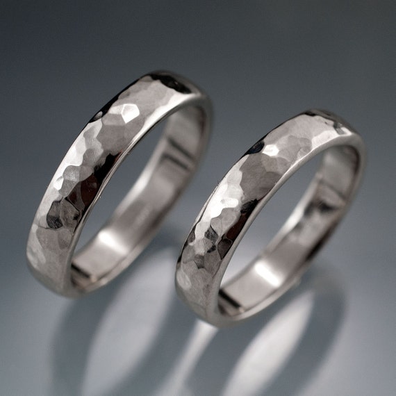 Set of 2 Narrow Hammered Wedding Bands in Sterling Silver