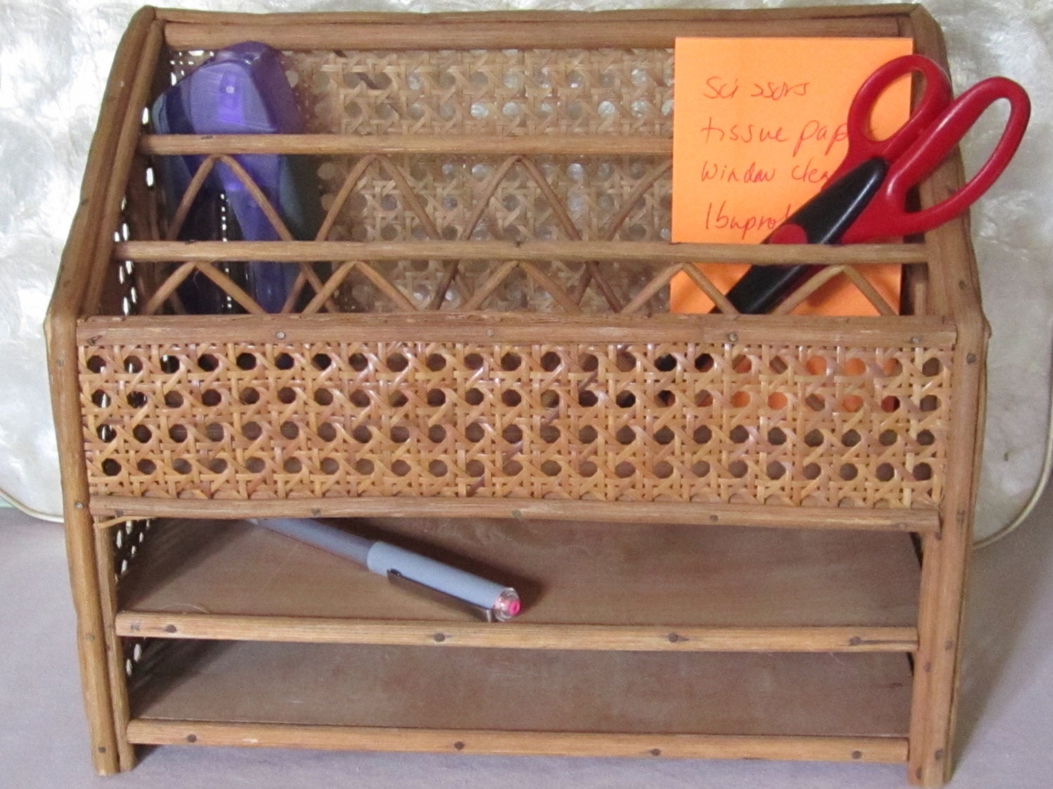 Vintage Wicker Rattan Desk Organizer Mail Organizer Tiki style