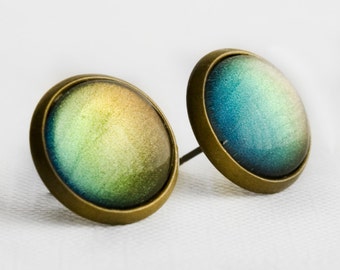 Blue, Green and Olive Color Shifting Post Earrings in Antique Bronze - Blue, Green, Olive and Yellow Colour Shifting Studs