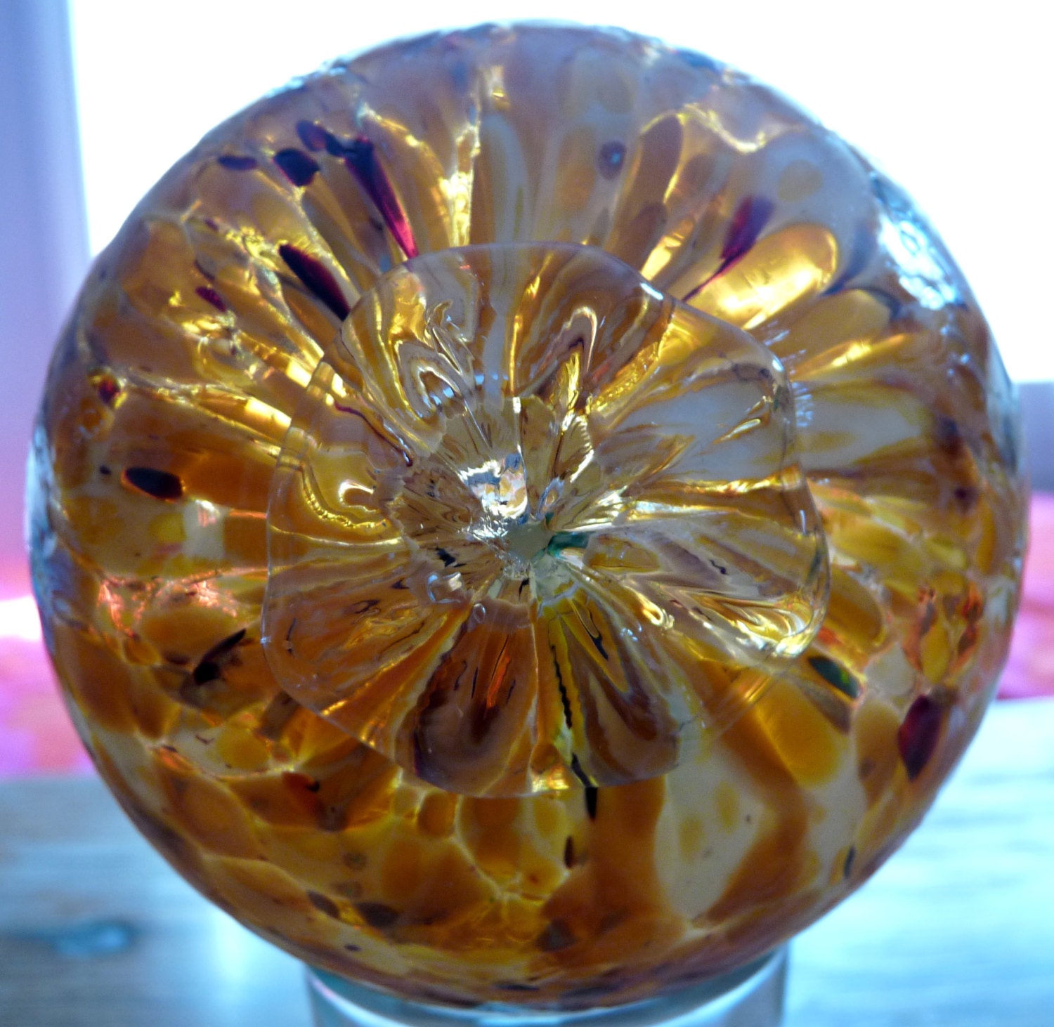 Vintage Hand Blown Glass Art Globe Sculpture Orange Black