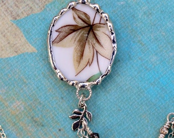 Necklace, Broken China Jewelry, Broken China Necklace, Autumn Leaves China, Sterling Silver Chain