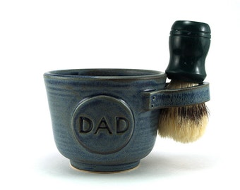 Blue Shaving Mug for Dads: Shave Mug with DAD Plaque, Handmade Pottery Husband Gift for Men - Ready to Ship - Brush NOT Included