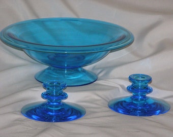 Vintage Fostoria Blue Glass Candle Holders & Centerpiece Bowl - Console Set