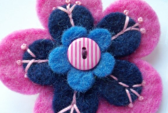 Pink Wool Felt Flower Brooch   Embroidered  by moodycowdesigns