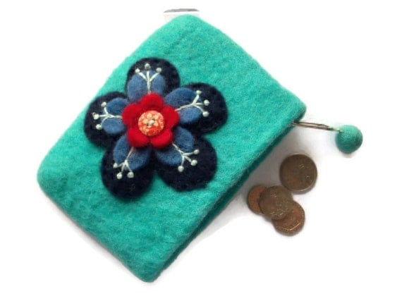 Upcycled Turquoise Blue Wool Felt Purse  Lined  by moodycowdesigns