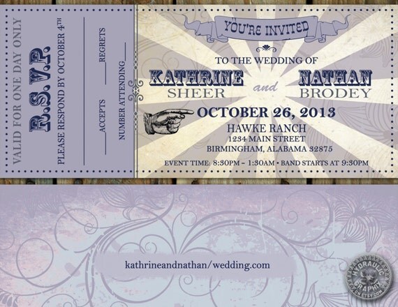 Wedding Invitation and RSVP VIP Music concert TICKET stub Style for organic wedding Il_570xn