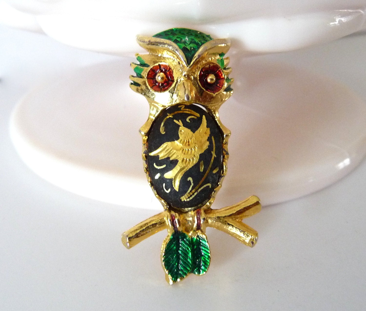 Vintage Owl Brooch Pin Damascene Spain Enamel Gold Tone