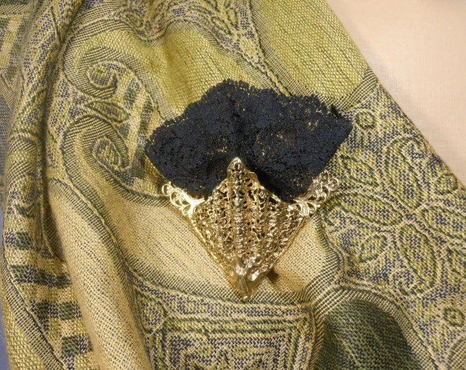 FREE SHIPPING Spanish sconce fan brooch 1980s, black lace gold sconce brooch or pocket handkerchief pin