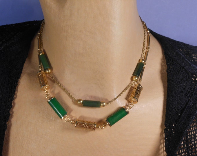 FREE SHIPPING Gold filled Jade choker, tube and gold balls chain necklace