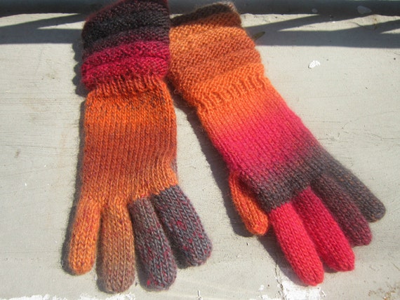 Wool Gloves Multicolor Red Orange Grey Handknit by rakavichka