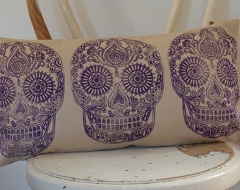 Violet Dia De Muertos Sugar Skull hand block printed Lumbar decorative scatter cushion cover on white