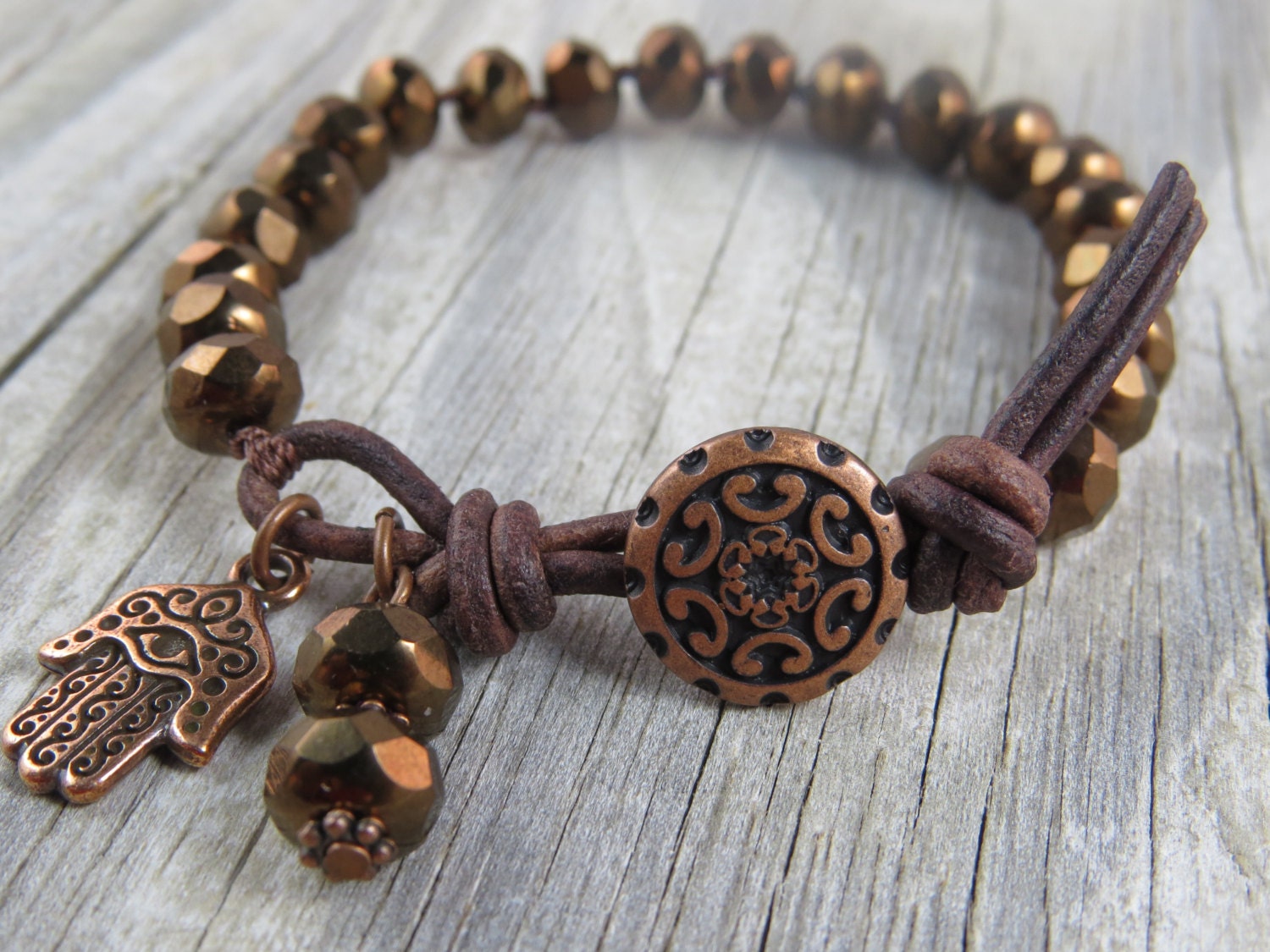 Hamsa hand bracelet copper bracelet leather beaded bracelet