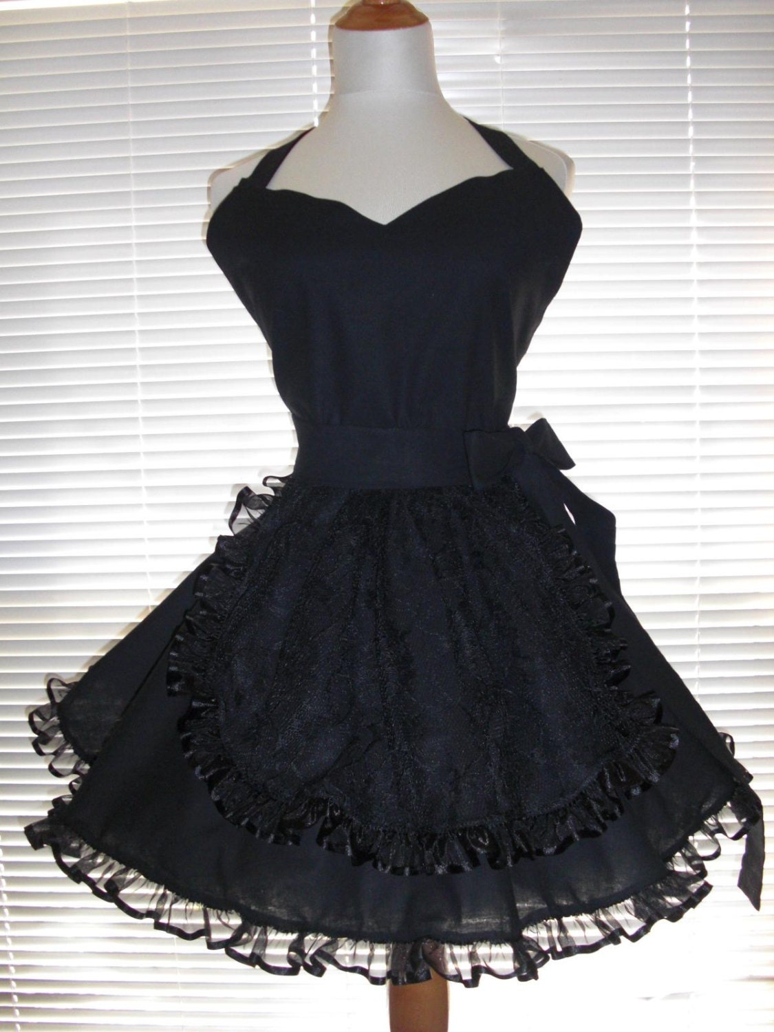 French Maid Black Retro Apron Black Lace on Black Circular