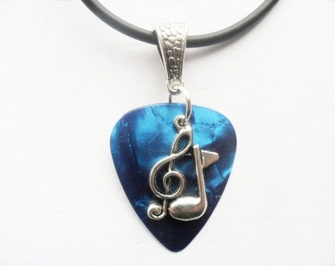 Dark Blue Guitar pick necklace that is adjustable from 18" to 20"