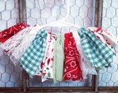 Cowgirl Christmas Scrap Tutu - Ready to Ship - Size Newborn NB - Red Bandana, Green Gingham, Cream Lace, Holly Print Il_170x135