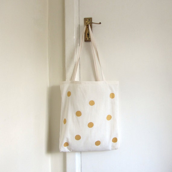 Golden dots tote bag - unbleached cotton hand printed bag