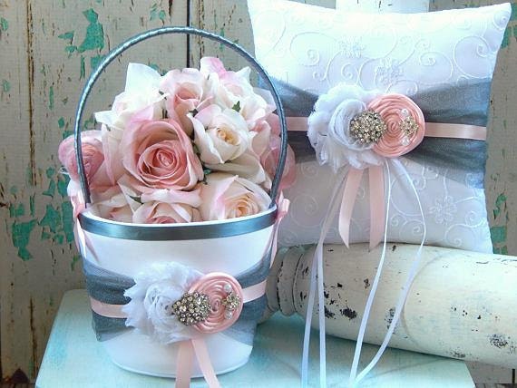 Flower girl basket / Grey and Pink  Flower girl basket / Ring bearer pillow set / YOU DESIGN / Charcoal and Pink Flower girl basket