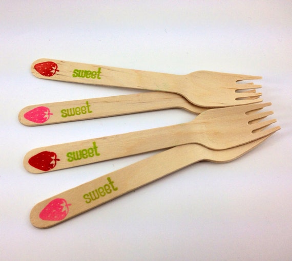25 Strawberry Wooden Forks, Hand Stamped, Kids party., Wooden silverware, cutlery, utensils, Strawberry Shortcake Il_570xn