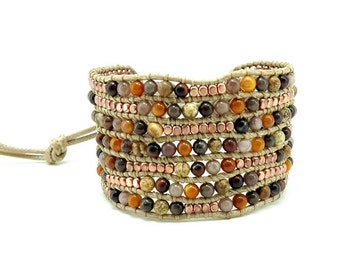 Tiger eye,jasper,pink gold plated wrap bracelet.