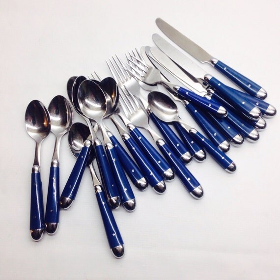 ON SALE 21 pc set Oneida Stainless Flatware Cobalt Blue