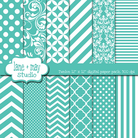 digital scrapbook papers aqua blue / teal green and white