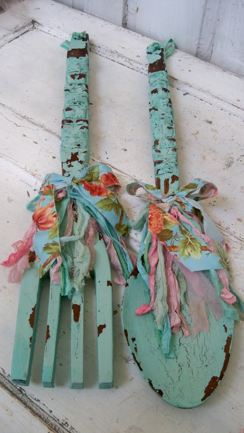 Large wooden Spoon and fork wall decor hand painted distressed