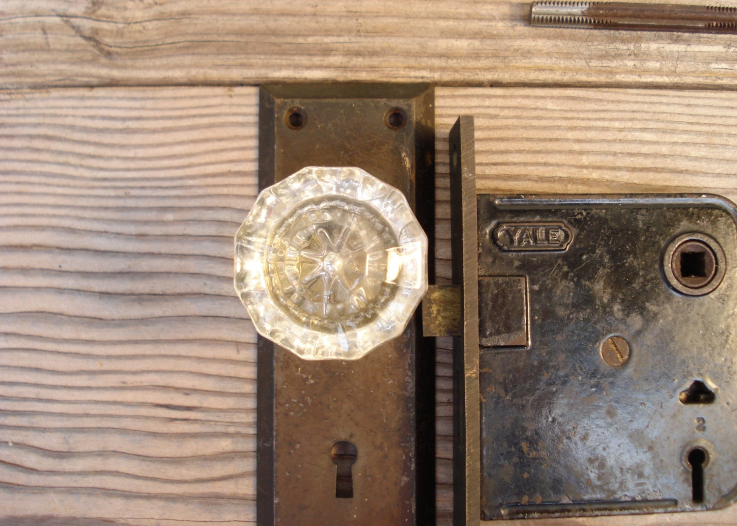 Vintage Yale Door Lock with Fluted Glass Knobs and Back Plates