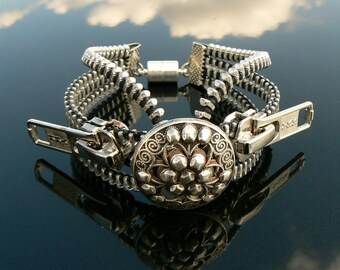 Silver Industrial Button Zipper Cuff - Chain Bracelet - Industrial Jewelry