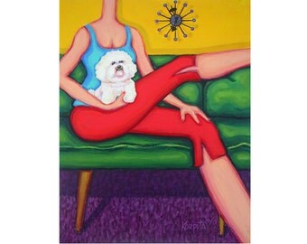 Bichon Frise Dog Woman Mid Century Sofa 11x14 Glicee Print from original lap dog painting - BeBe and that Bichon - KORPITA ebsq