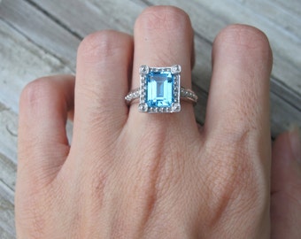 Blue Topaz Engagement Ring- Emerald Cut Engagement Ring- Unique Solitaire Promise Ring-December Birthstone Ring-Blue Gemstone Statement Ring