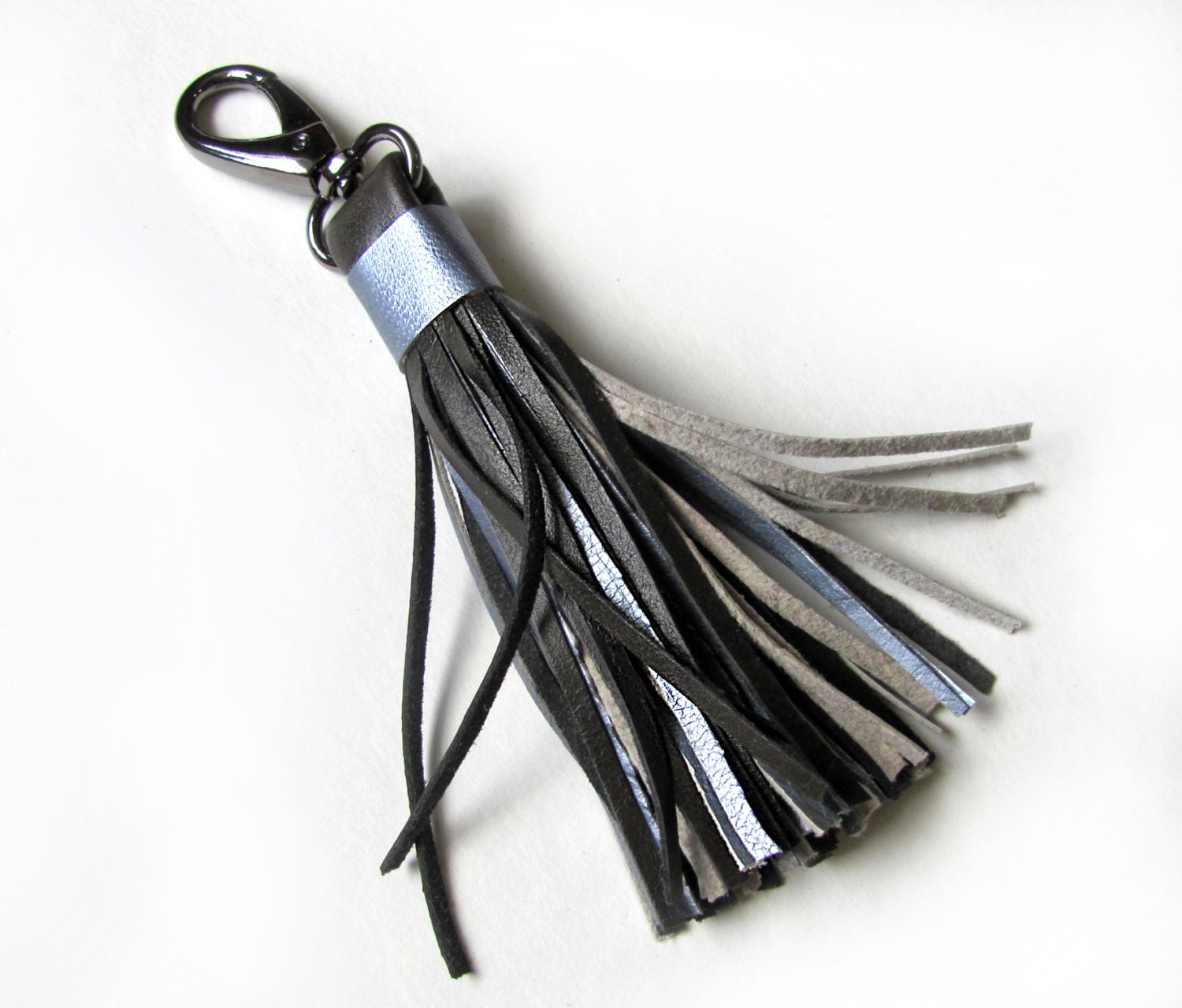 Leather Tassel Large Dark grey and Metallic blue by erikasleather
