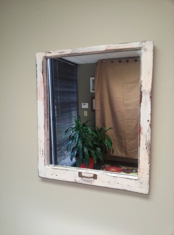 Distressed White Window Mirror