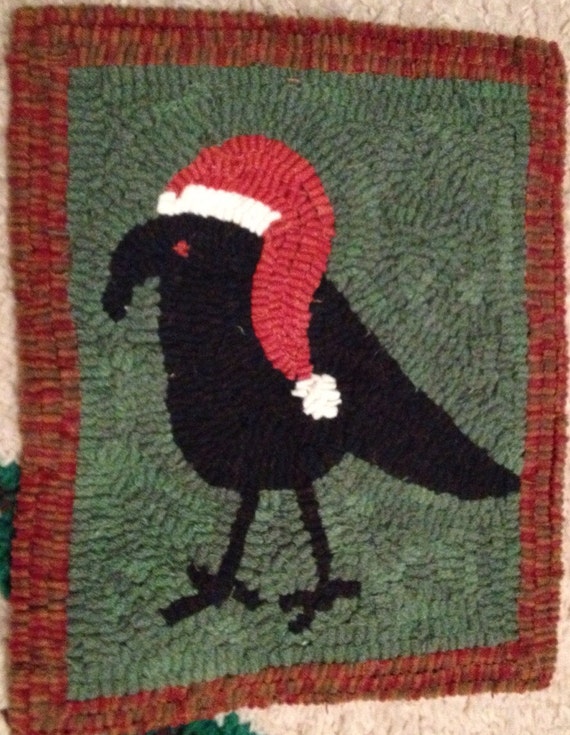 Crow in Santa Hat Hooked Rug