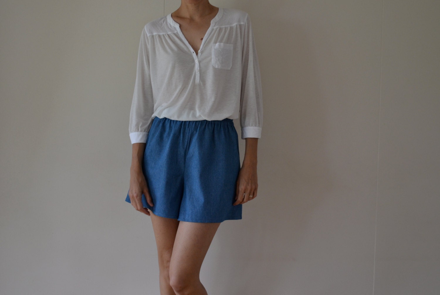 Chambray denim womens culottes shorts. Loose fit high