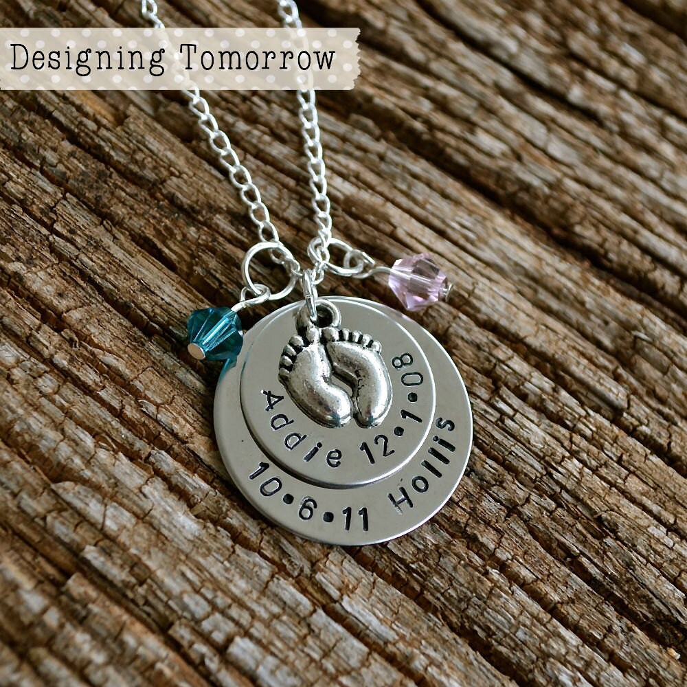 Personalized Metal Stamped Necklace with Baby Feet Charm and