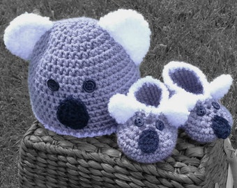 Chapeau au Crochet Koala et chaussures, bébé fait main koala bonnet et chaussons, bonnet