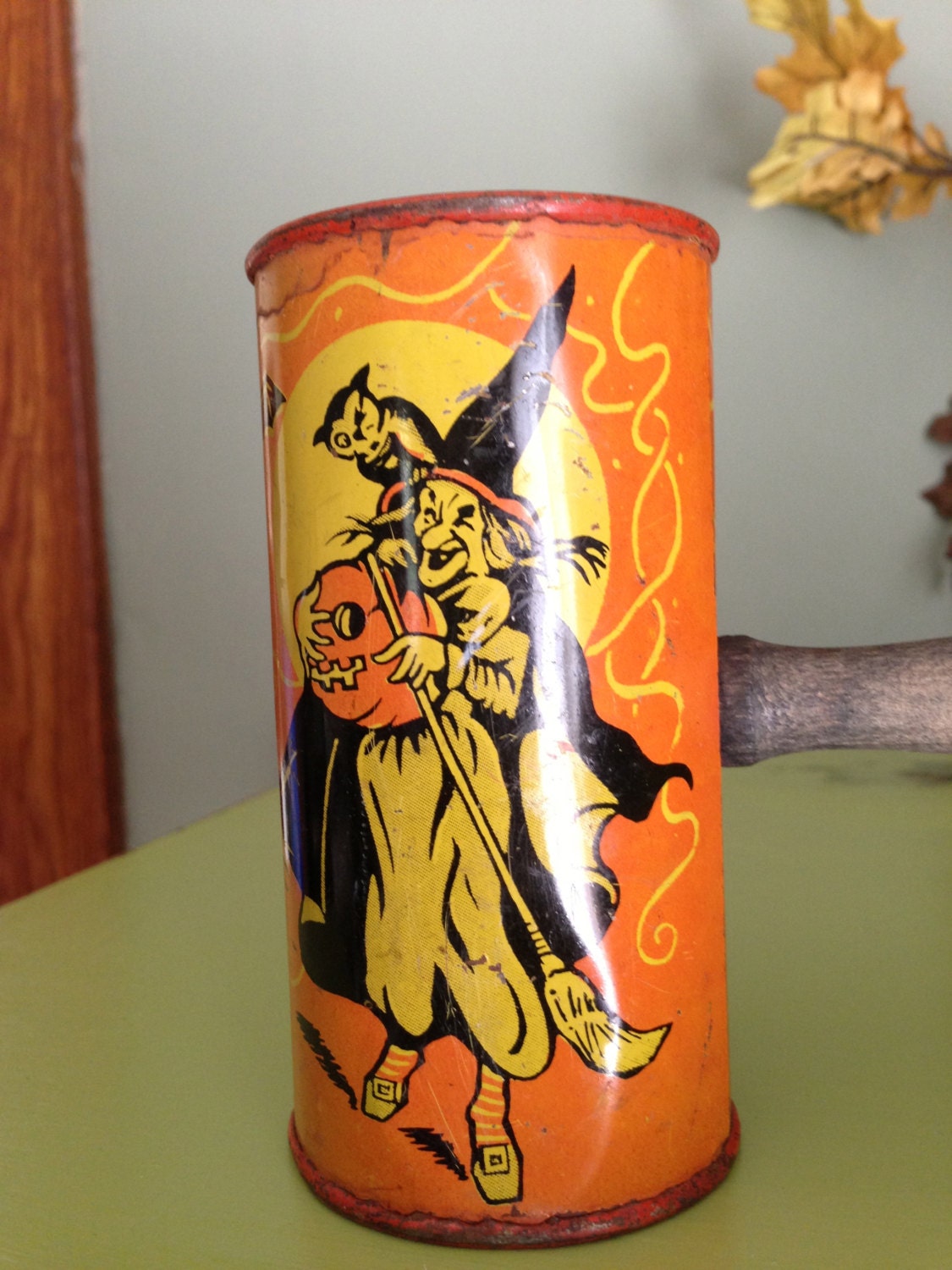 Vintage Halloween Noisemaker Art Deco Witch Standing on Jack O
