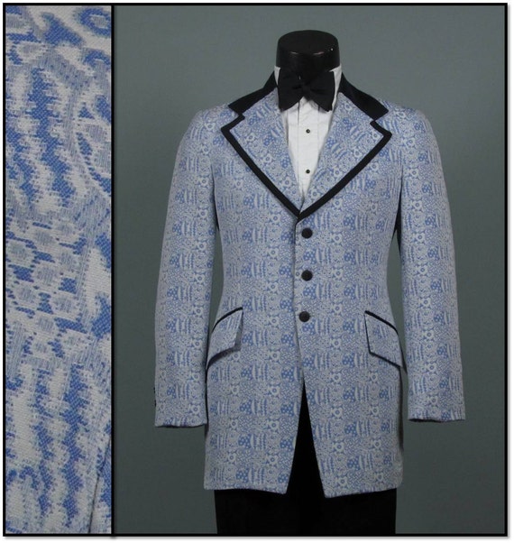 Vintage Mens Tuxedo Jacket 1970s PERIWINKLE TAPESTRY Wide