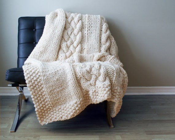 DIY Knitting PATTERN - Throw Blanket / Rug Super Chunky Double Cable Approximately 49" x 64" (blanket001)