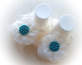 Cream / Turquoise Baby Barefoot Sandals - Baby Sandals - Barefoot Sandals-Handmade Baby Sandals with Cute Yoyo