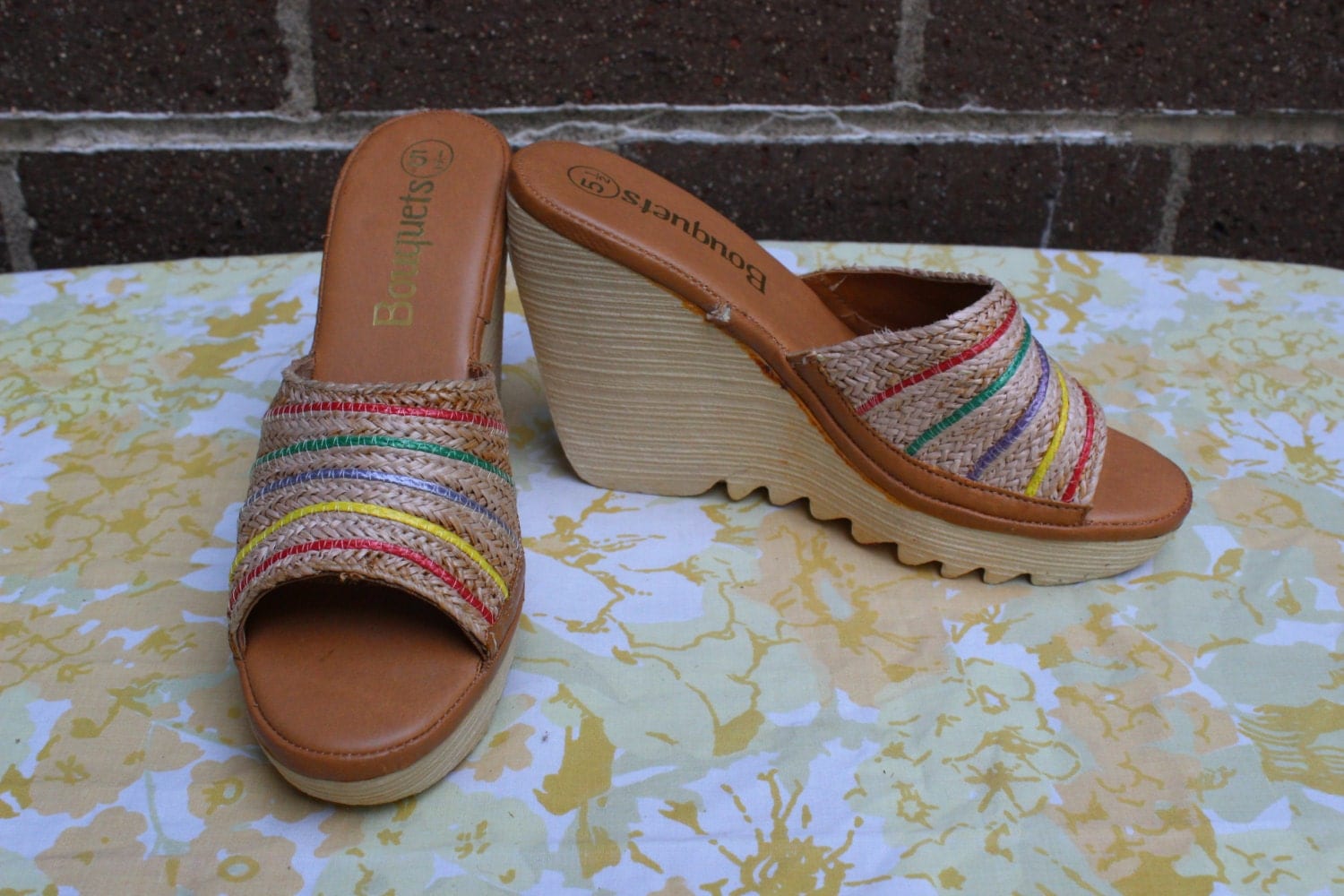 Dead Stock Woven Mules Rainbow Rattan Platform 4â³ Heel Espadrille Sandal 1960s Sz 5.5 By 
