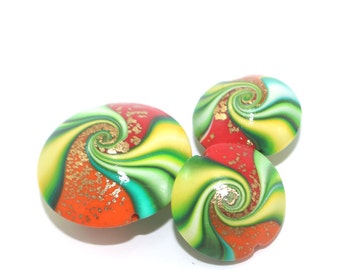 Colorful Polymer Clay beads, swirl lentil beads with tiny gold dots, elegant beads in red, orange and greens, Set of 3
